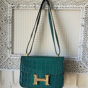 Designer Style Green Leather Bag Purse Gold‎ Hardware Croc Embossed